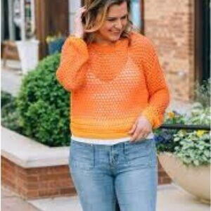 NWT Dex 2x Women's Bright Orange Crochet Crewneck Sweater 2 Toned.